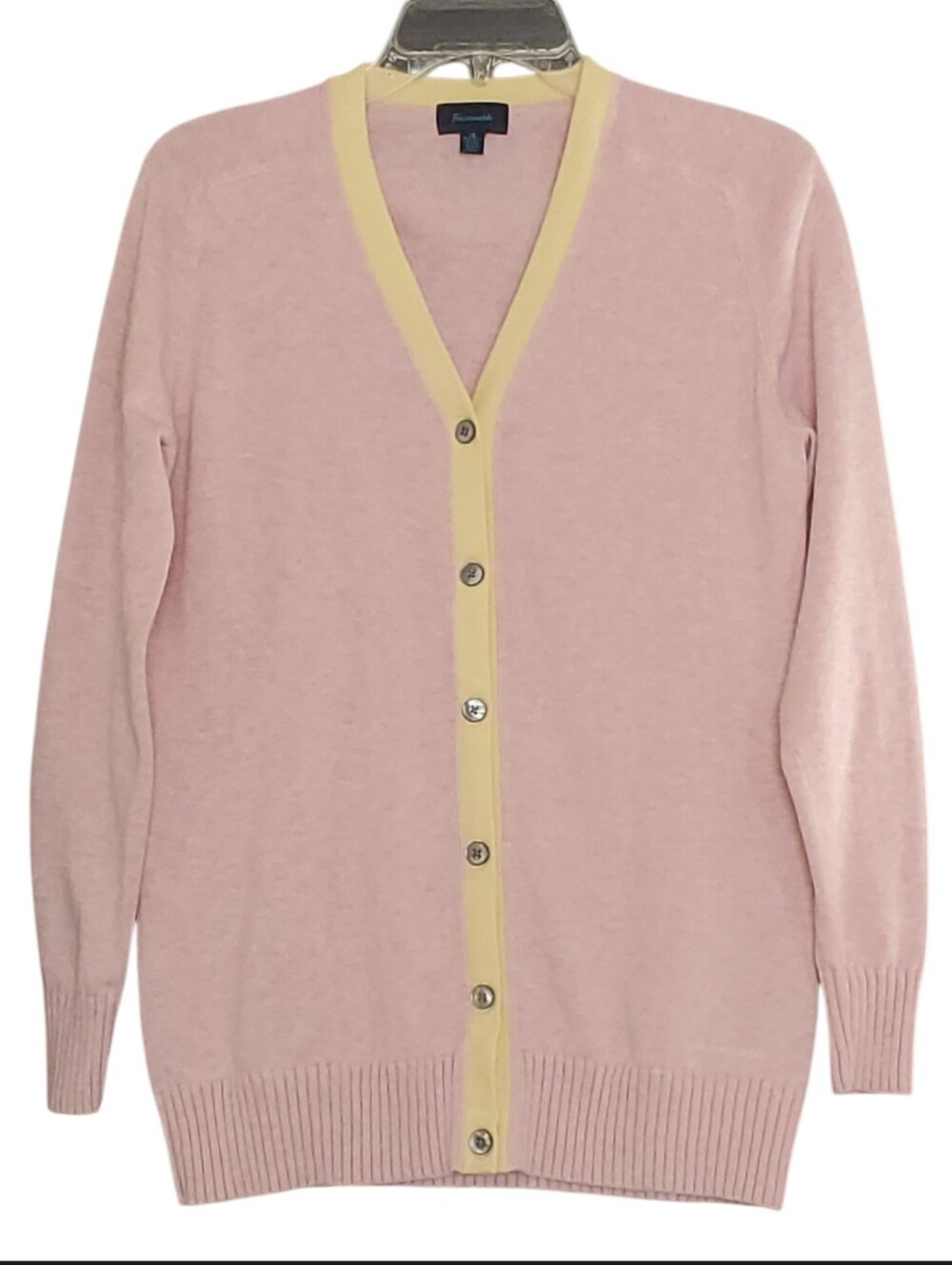 Façonnable Pink Heathered V-Neck Longsleeves Cardigan with Yellow Trim Preppy